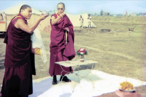 H.H.Dalai Lama performing the ground breaking ceremony for the monastery of Beru Kyentse Rinpoche in 1981