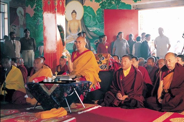 H.H.Dalai Lama performing the consecration ceremony for the monastery and statues in 1985